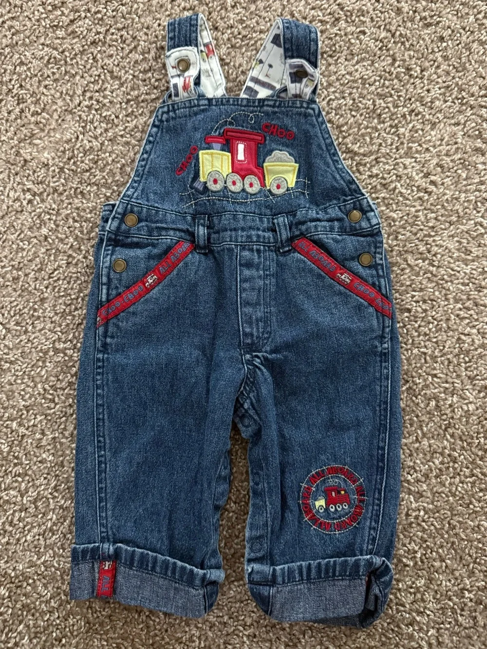 Vintage Y2K Koala Baby 3-6M Denim Train Overalls Embroidered Halloween Costume